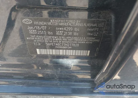 2007 Hyundai Sonata Gls from USA, damaged, VIN 5NPET46C77H277828